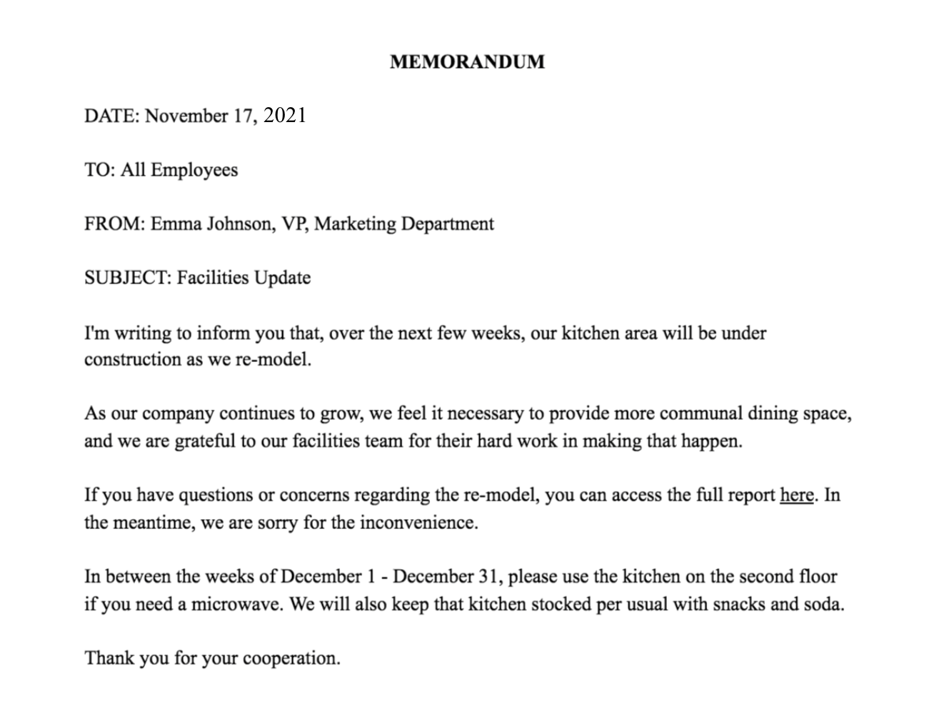 Business memo example for building update