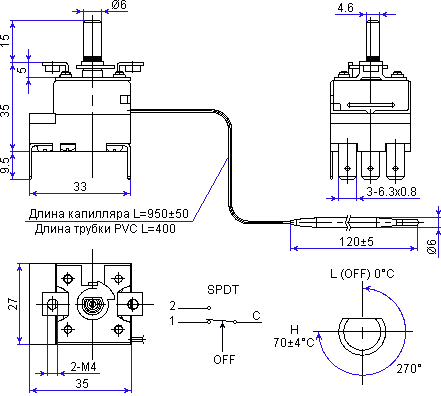 размеры капиллярного термостата WY70-653-11Y