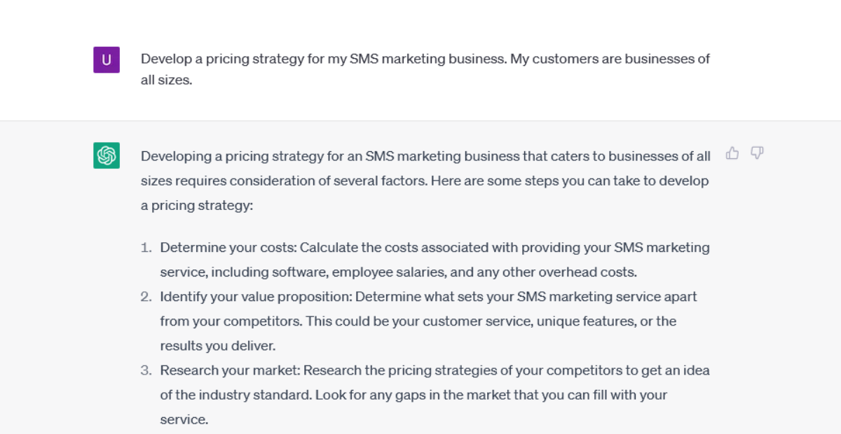 chatgpt prompt and response to create a pricing strategy