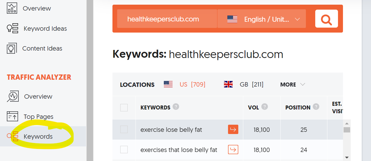 Finding keywords using Ubersuggest