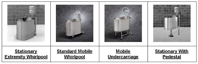 E-Series Extremeity Whirlpools have several mobility options, including: stationary, mobile with caster, mobile undercarriage, and stationary platform.