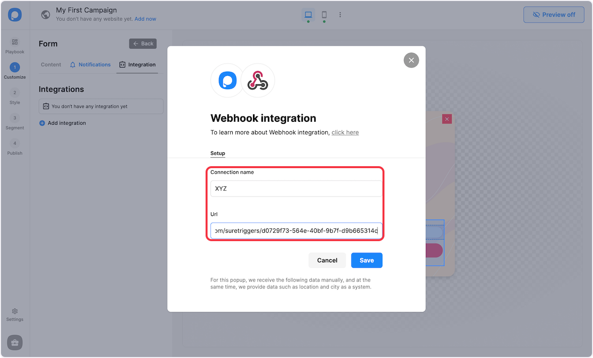 Fill in the blanks with your 'Connection name' and 'Webhook URL'.