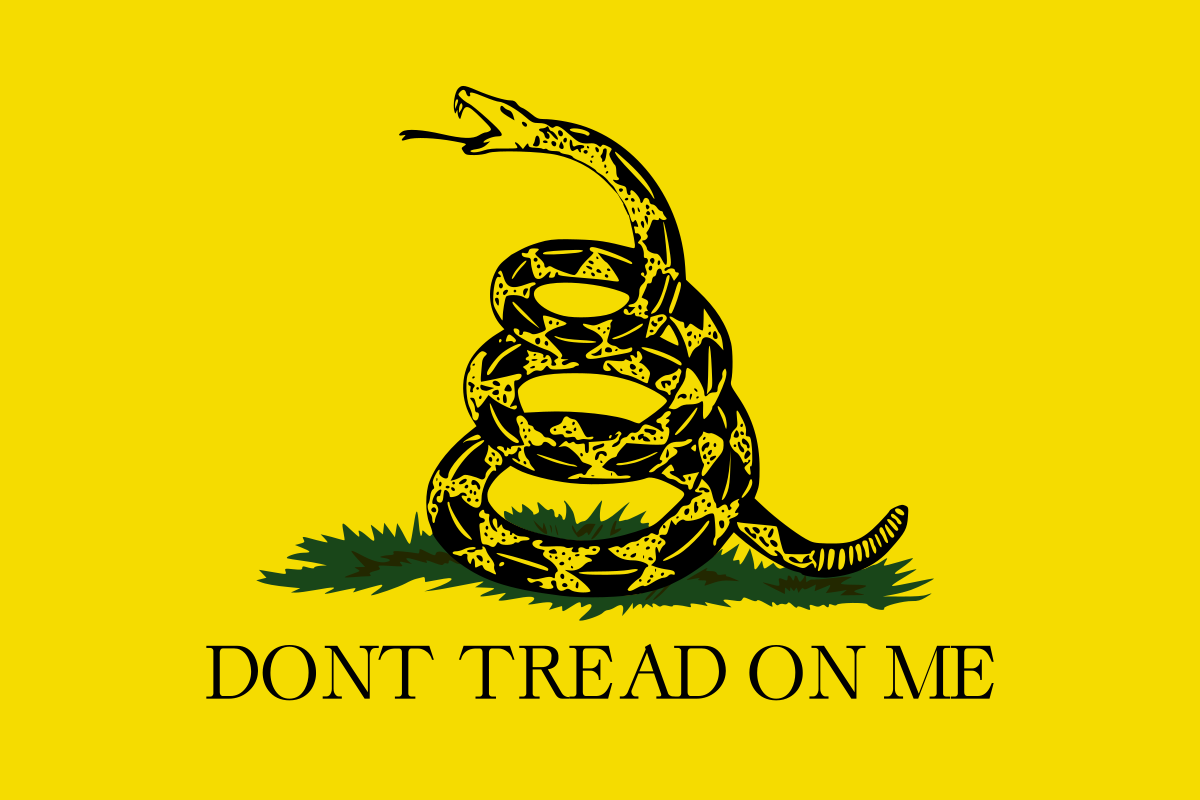 Traditional yellow rectangle with a coiled black snake in the center and "Don't tread on me" wording across the bottom.