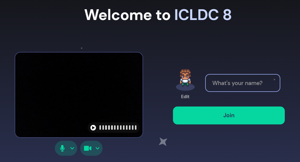 Image of the Gather entrance screen with ‘Welcome to ICLDC 8’ at the top, permissions for camera and microphone to the left, and the prompt to add your name at the right. Click on “Edit” to customize your avatar and add your name where prompted. Click “Join” when ready to join the Gather space. 