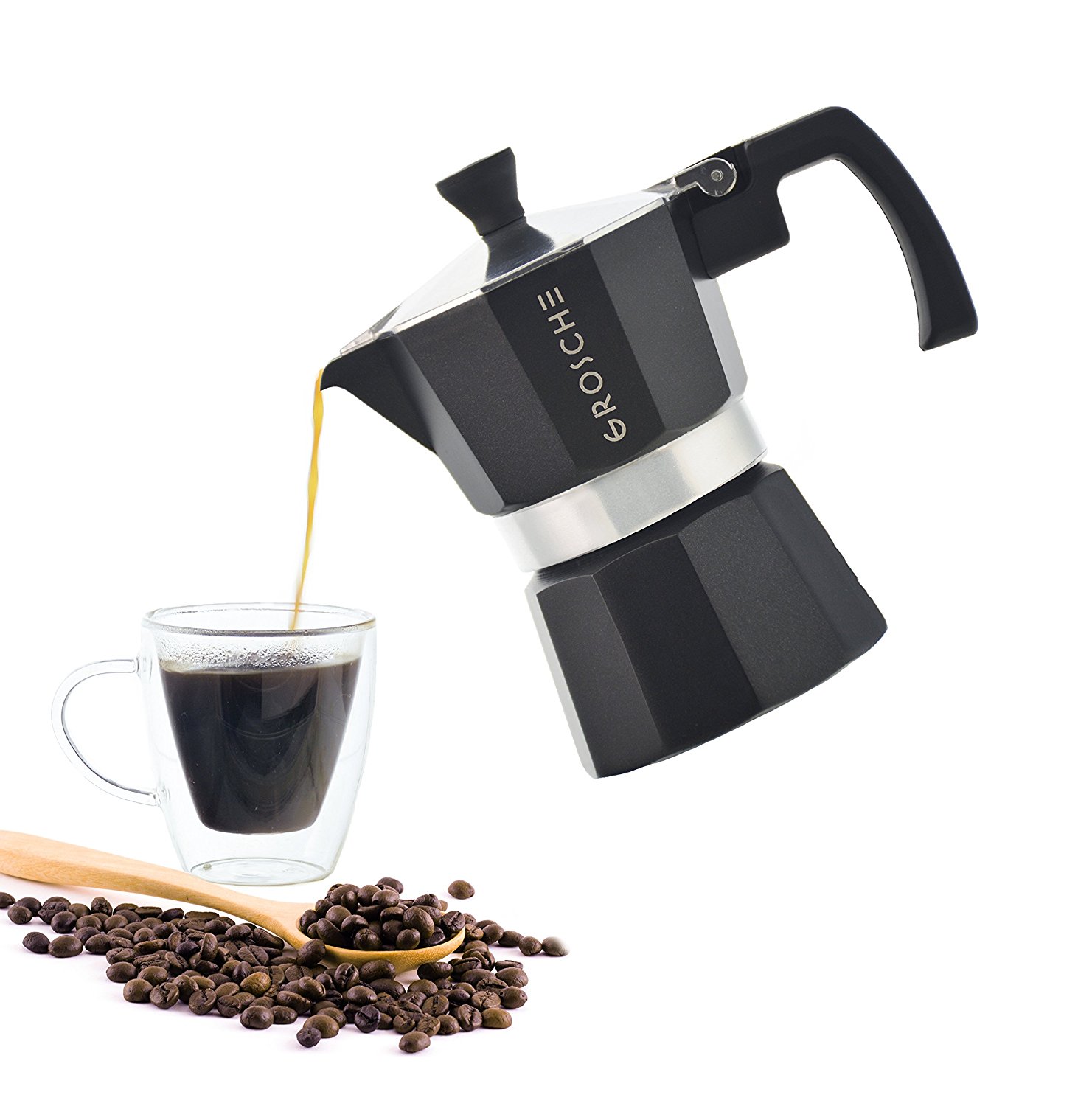 Grosche Milano Stovetop Espresso Maker pouring coffee, and a spoon with coffee beans