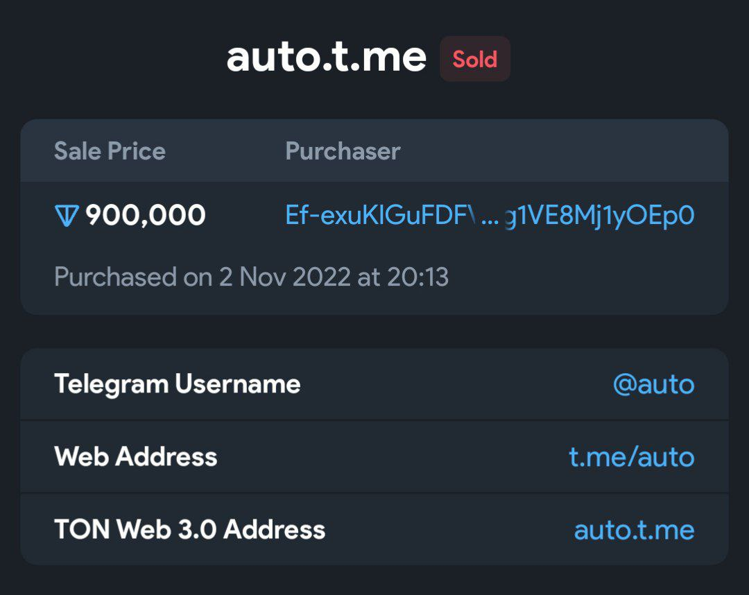 Fragment продал первый юзернейм Telegram за 900 000 TON