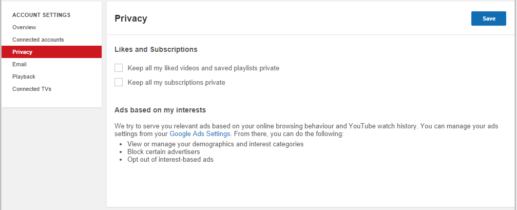 Screenshot of Privacy options on Youtube