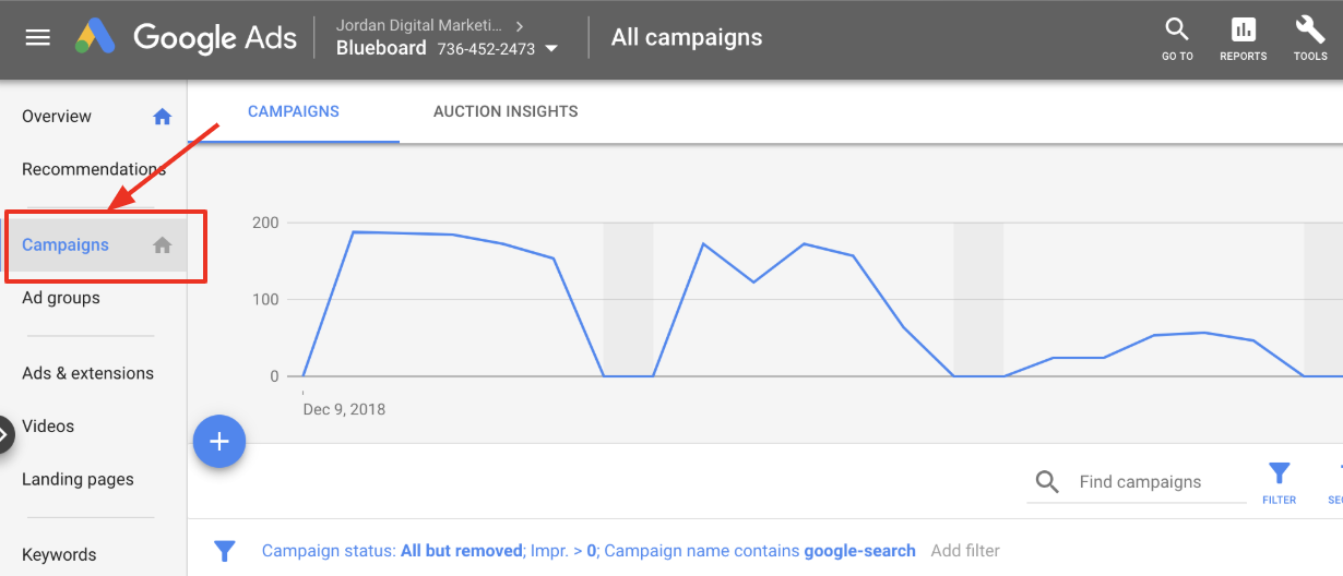 The "Campaigns" tab of Google Ads.