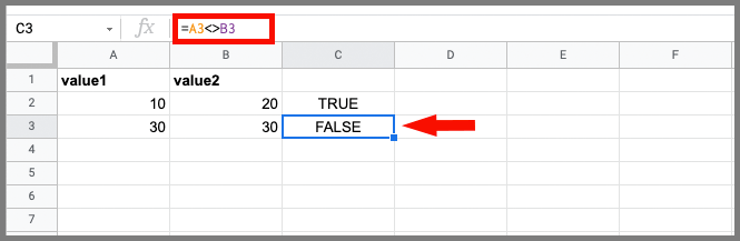 Does not equal google sheets example