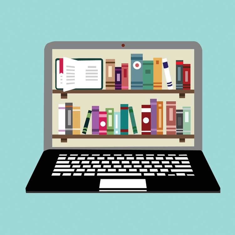 Golden West College Library - Image representing the online library shelf of resources: ebooks, streaming film, article databases, live chat with a librarian, and research guides. 