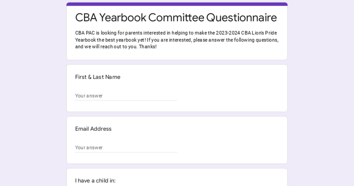 CBA Yearbook Committee Questionnaire