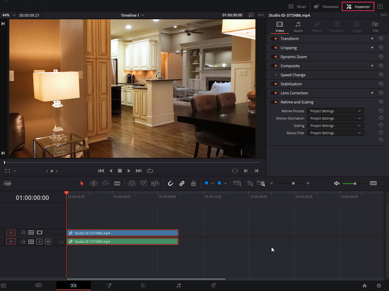 Location of the Inspector Panel in Davinci Resolve