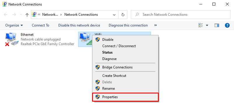 Sélectionner les propriétés de la connexion en cours sous Windows.