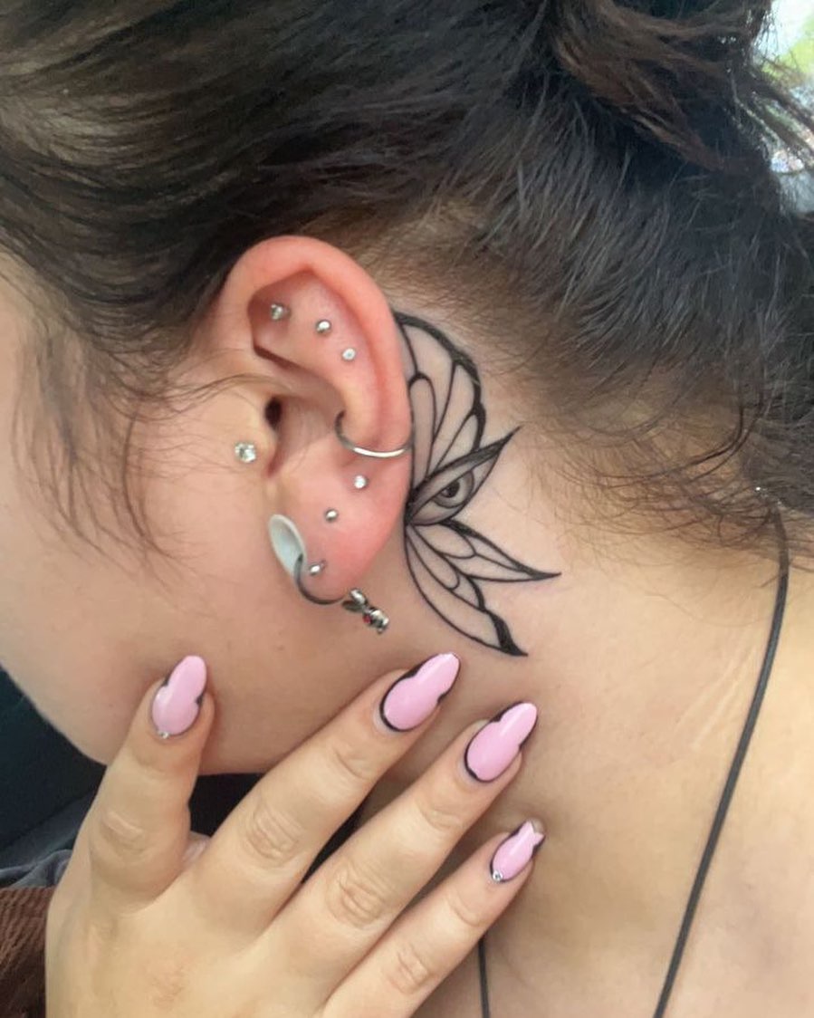 Wings Eye Behind The Ear Tattoo