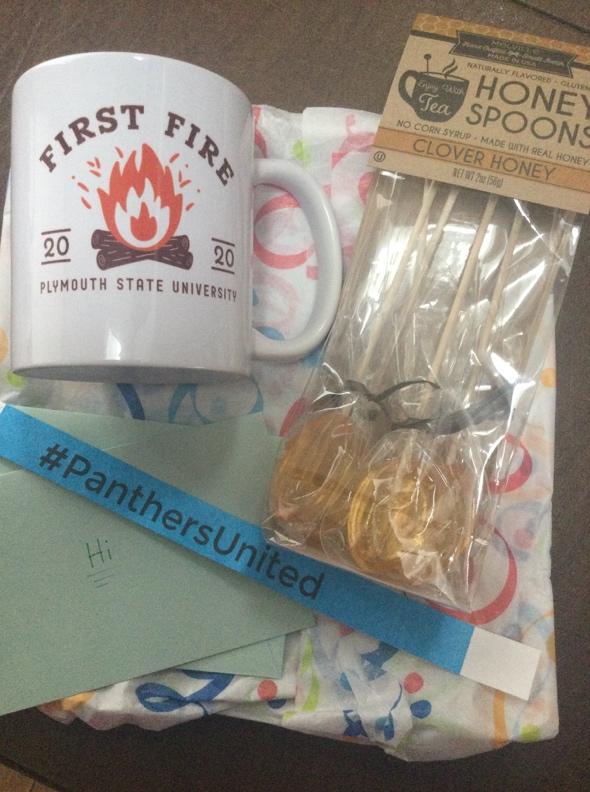 A photograph of a white coffee mug for "First Fire 2020 Plymouth State University," a package of clover honey "spoons", a blue "Panthers United" wristband, and an envelope with the word "Hi" written on it