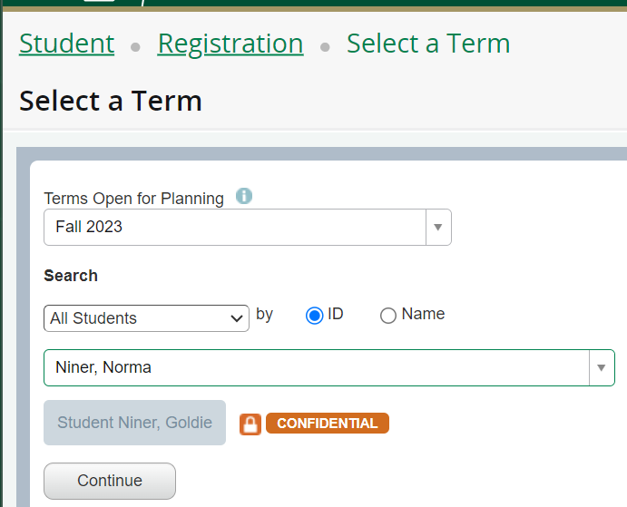 example showing Fall 2023 selected for Terms Open for Planning