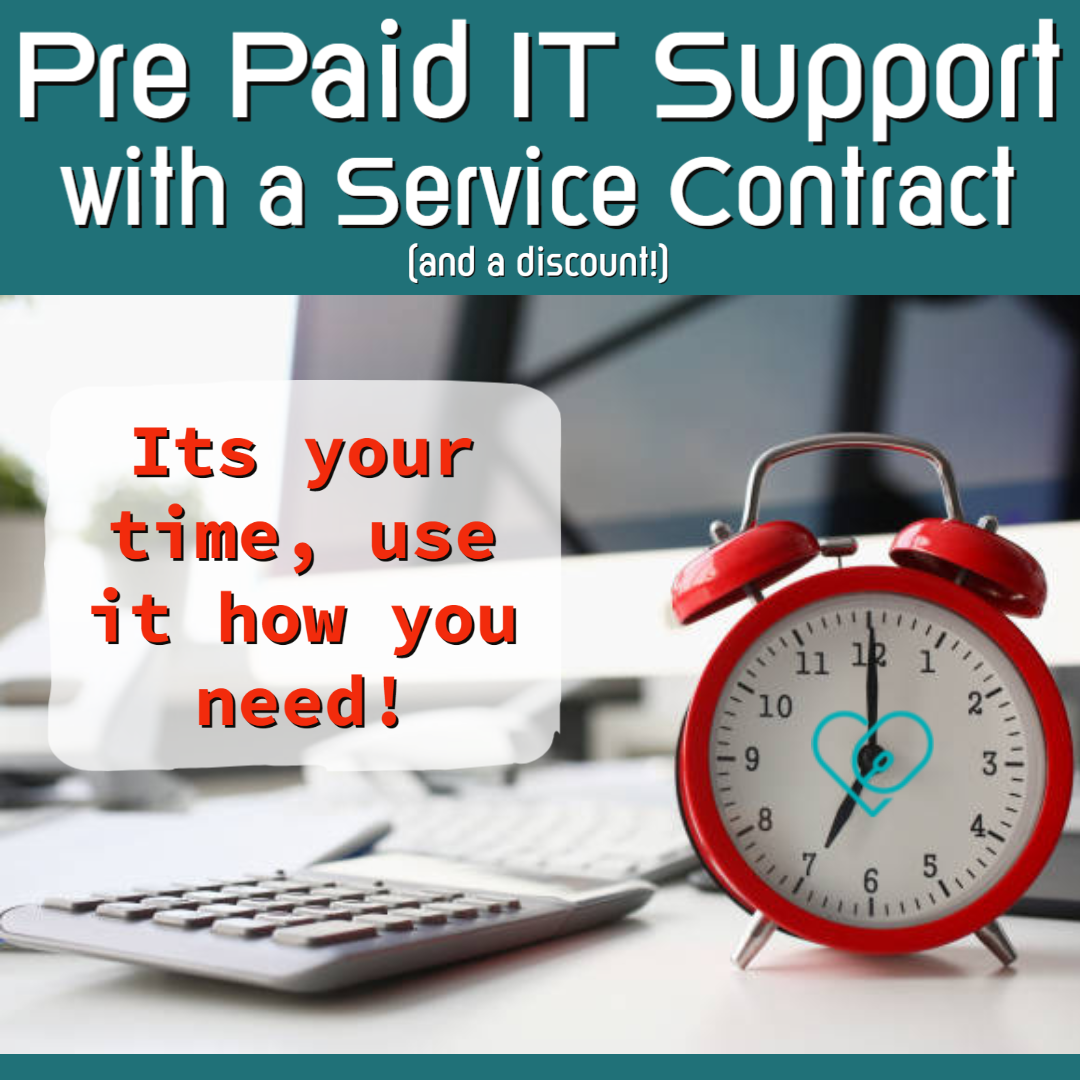 Text: Prepaid IT support with a Service Contract & a discount. Its your time, use it how you need!

Image: teal background with a photo of a desk, you can see a keyboard in the background and the bottom of a screen. There is a red clock in the foreground