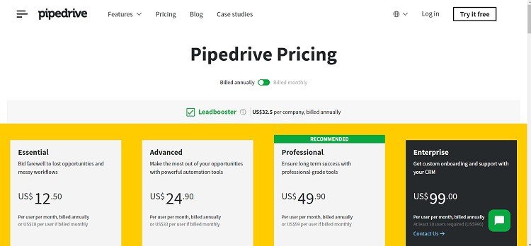 Page de tarification Pipedrive