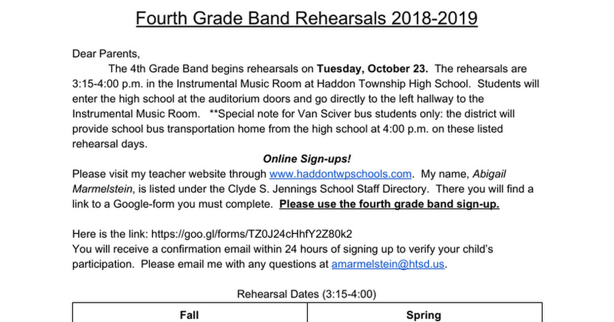 Fourth Grade Band Rehearsals 2018-2019