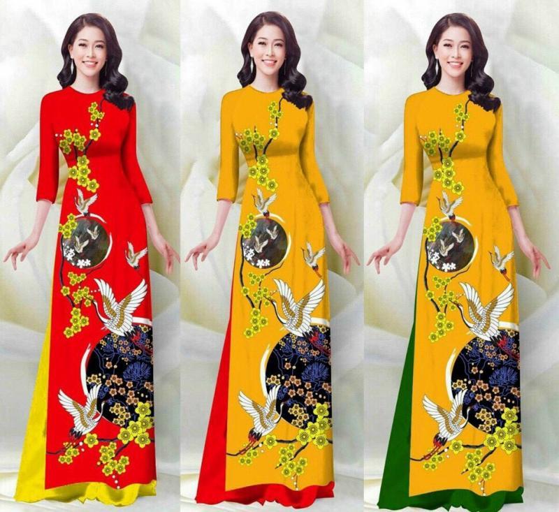 Set Áo Dài Truyền Thống In Hoa Mai & Chim Hạt - AL54