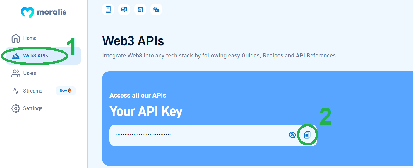 Step 1, click on Web3 APIs. Step 2, copy the Web3 API key.