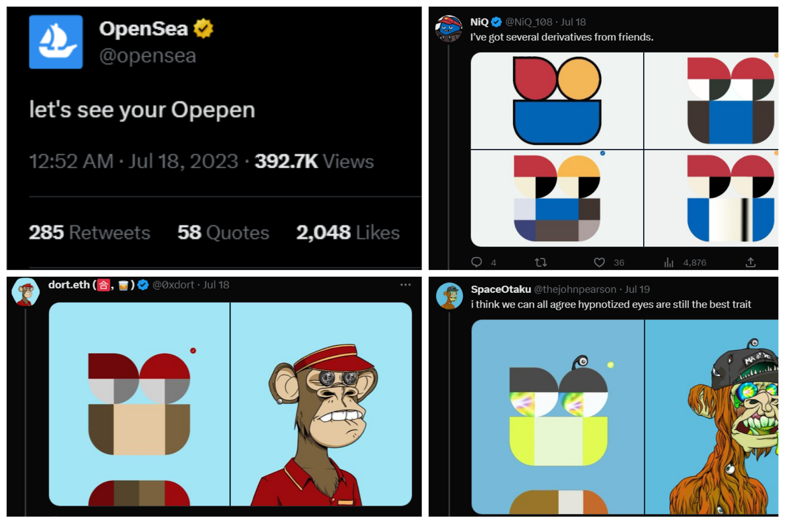 An image of a collage of tweets showing OpenSea’s tweet and its responses. 
