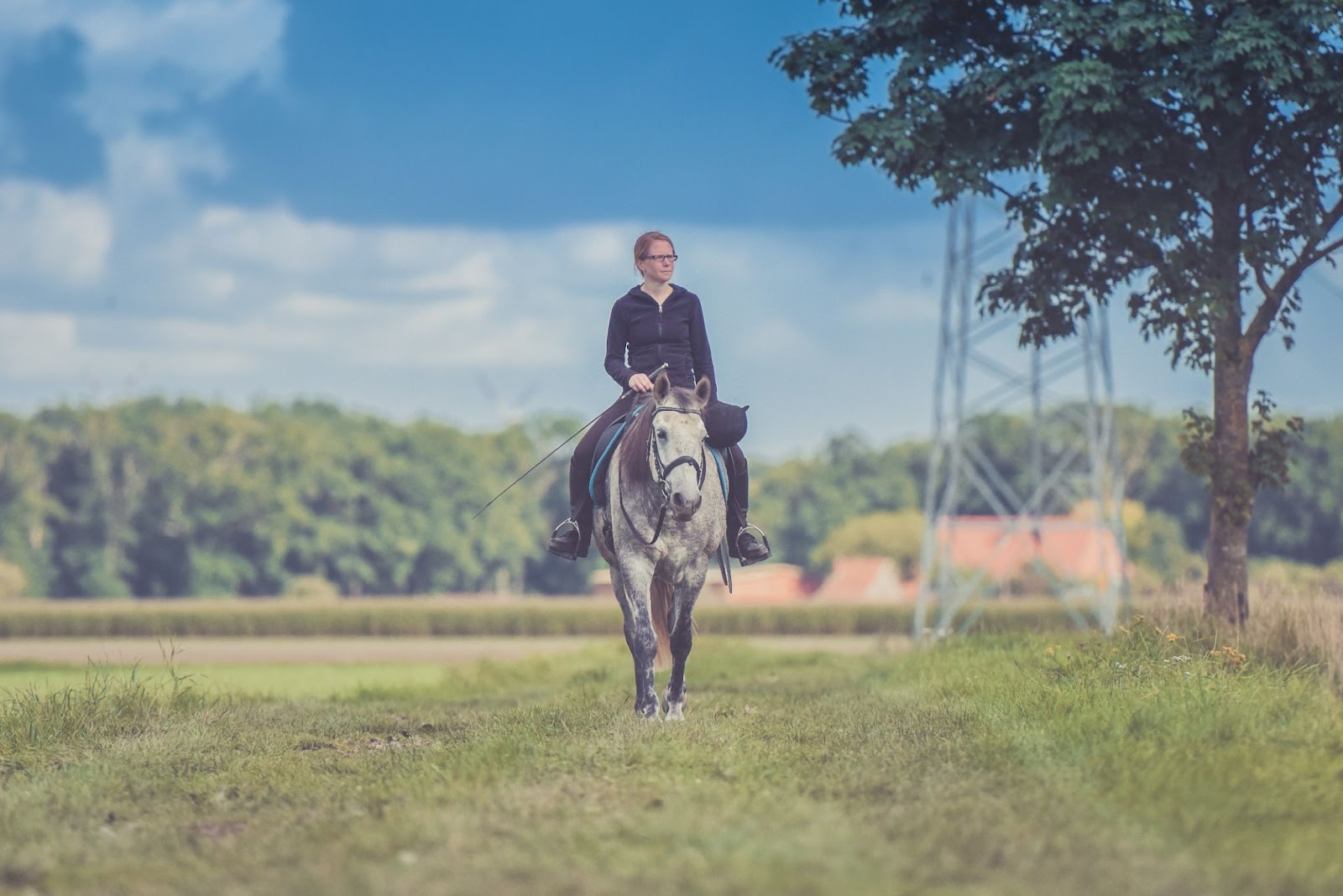 girl riding horse in open field