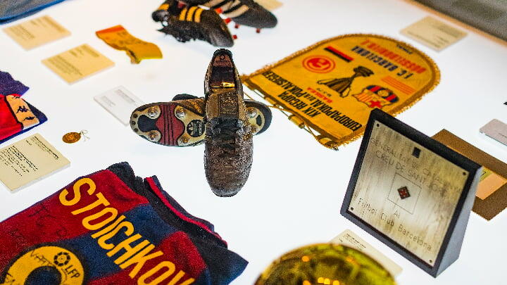 Soccer memorabilia on display at the FC Barcelona Museum