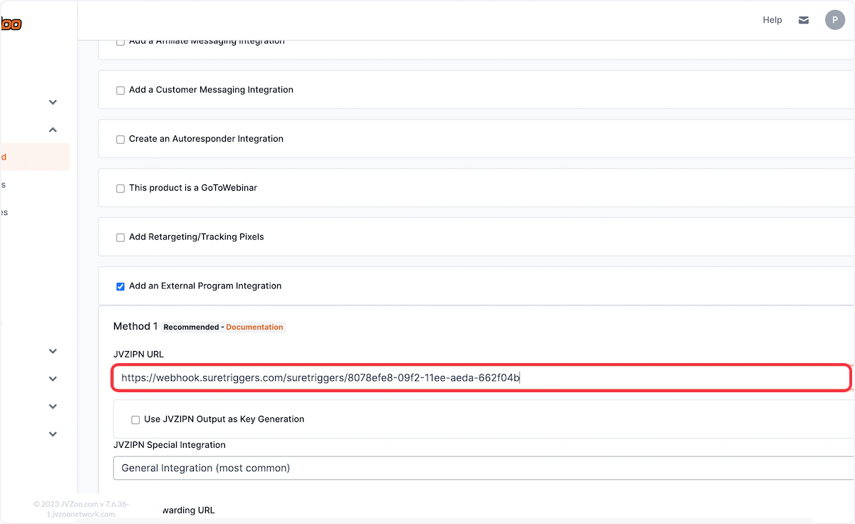 Under the JVZIPN URL, enter the Webhook URL provided above.