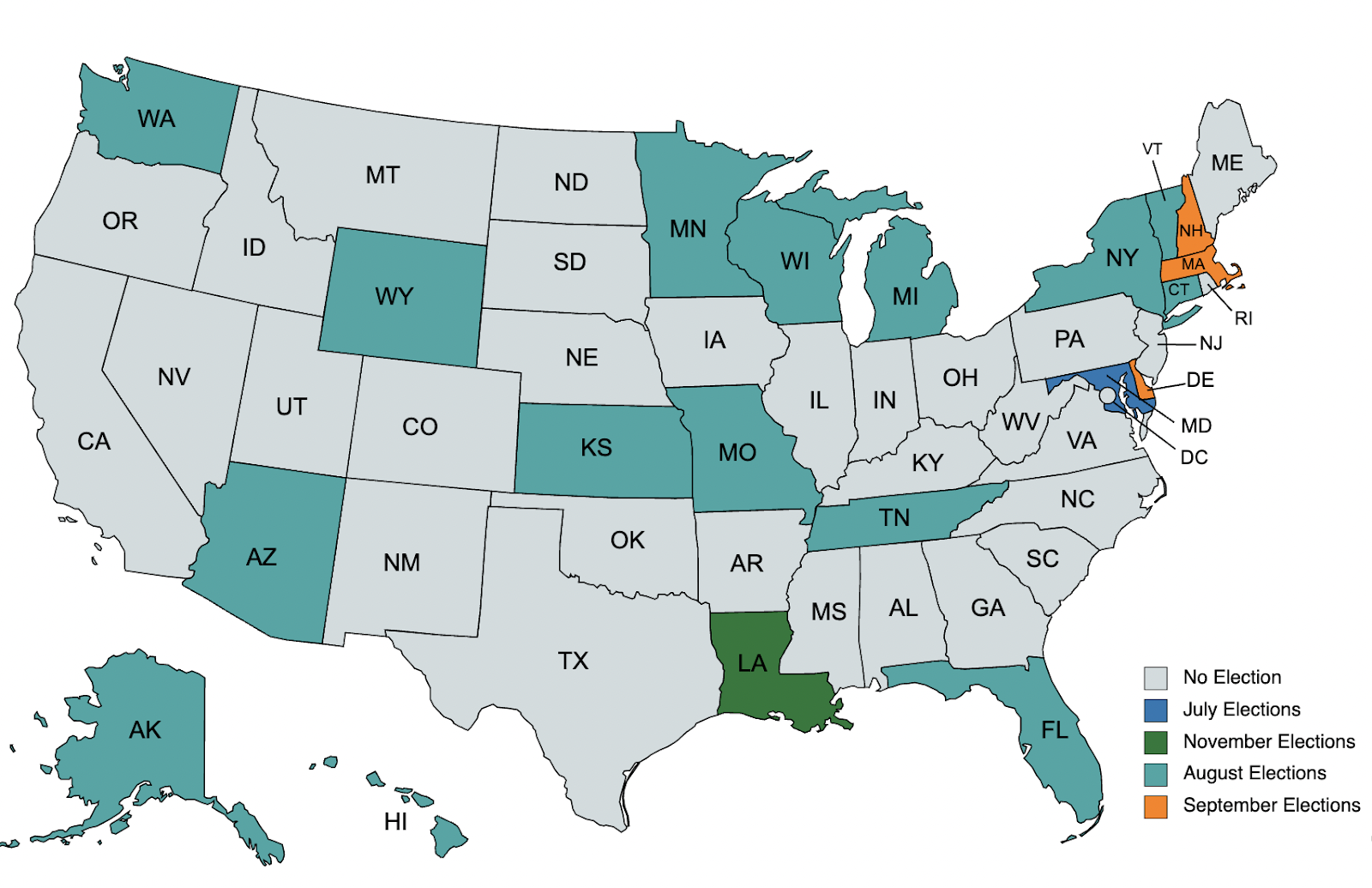 Map of the United States with various states different colors depending on when their election is being held