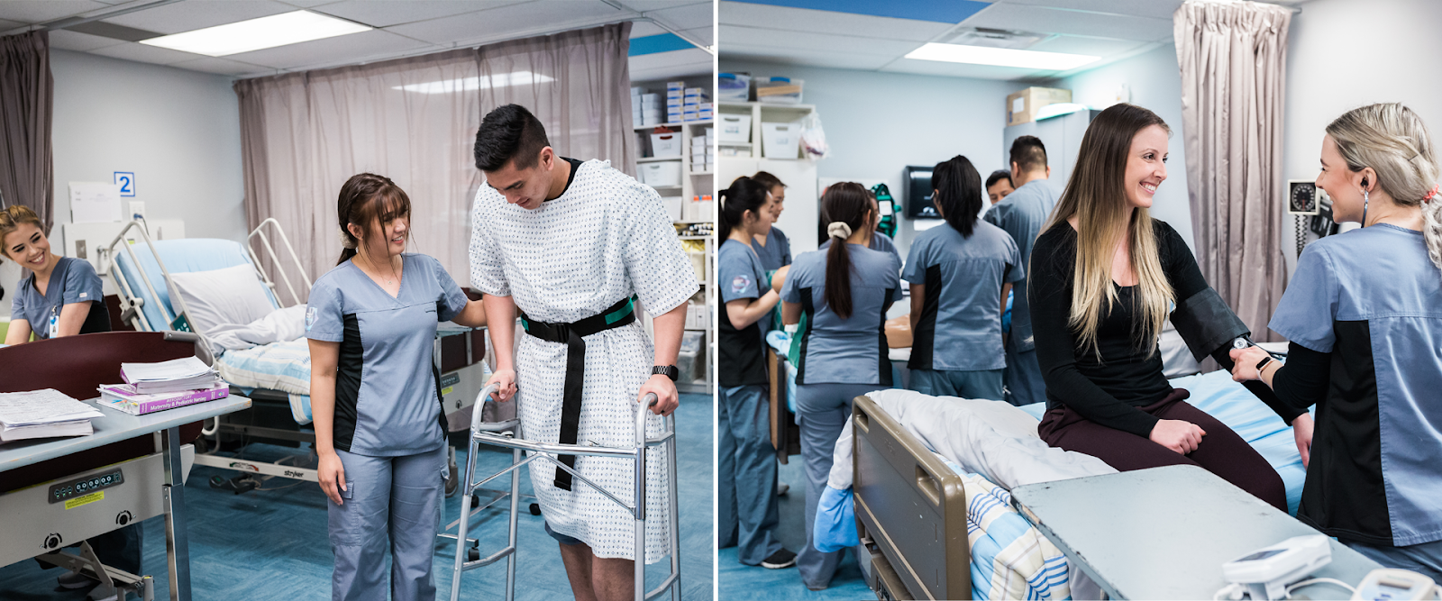 two images side by side of sprott shaw college's partnership with Kelowna general hospital, showing patients being examined and assisted, with students in scrubs 