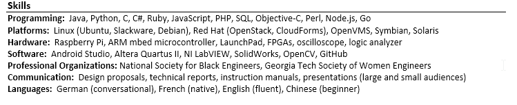 skill section of a resume, example 2