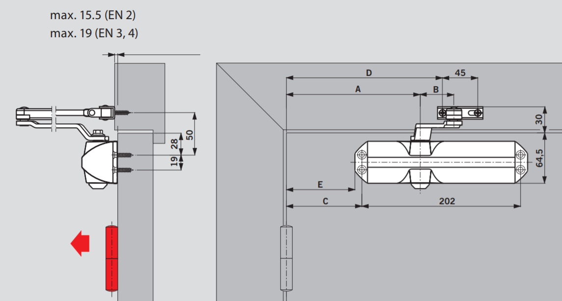 схема установки Dorma TS 68 с рычагом фиксации для дверей откр. вовнутрь