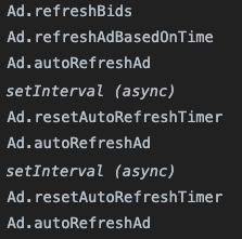 Screenshot of Javascript code on a publisher website, which refreshes ad slots on a website approximately every 30 seconds.