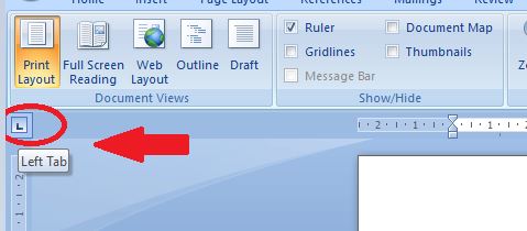 Letakan kursor diujung ruler sampai muncul tanda “L” yang disebut “Left Tab”. 