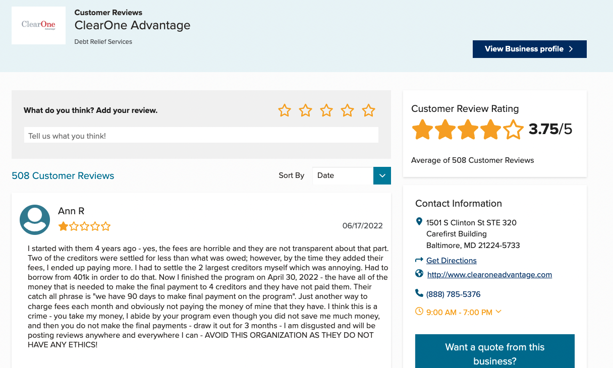 BBB reviews of ClearOne Advantages who Florida Debt Relief reviews