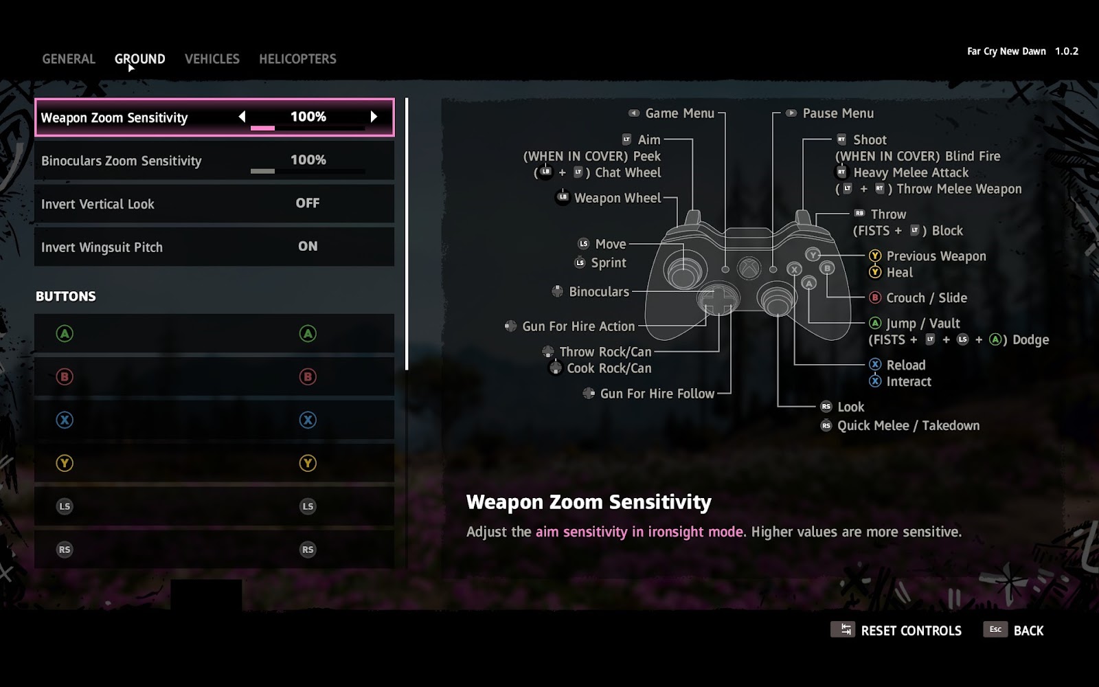 Gamepad sensitivity options and button remapping with a scheme of the controls layout