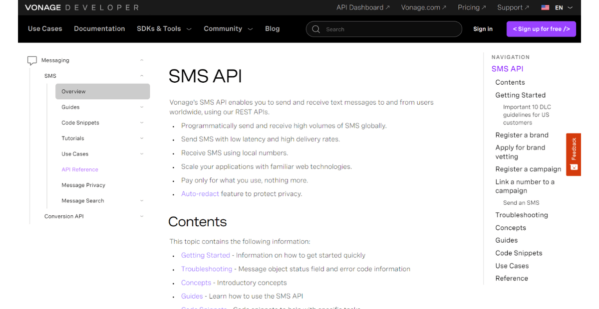 best SMS API in the UAE | Nexmo API documentation page