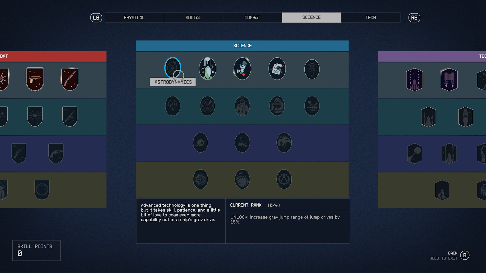 An in game screenshot of the Science skills in the character menu in the game Starfield. 