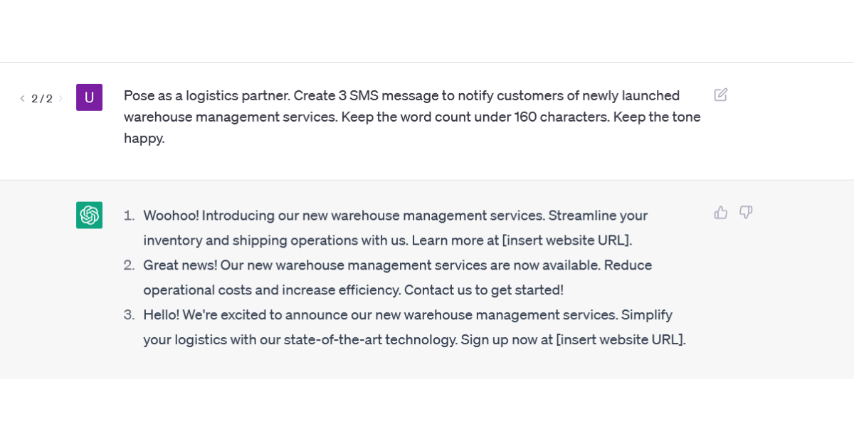 chatgpt prompt and response to inform users of newly launched warehouse services