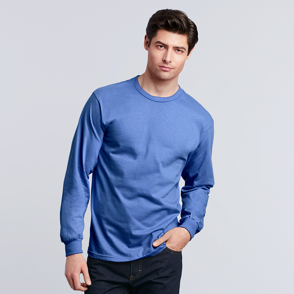 Man modeling Gildan H400 Hammer Adult 6 oz. Long-Sleeve T Shirt in the color "Fluorescent Blue"