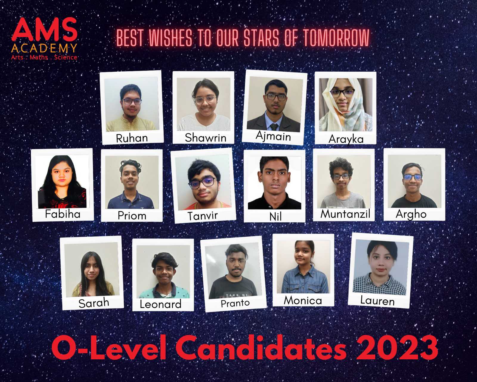 In 2023 a total of 20 candidates graduated from AMS Academy under Cambridge IGCSE/O-level and AS-level. 1