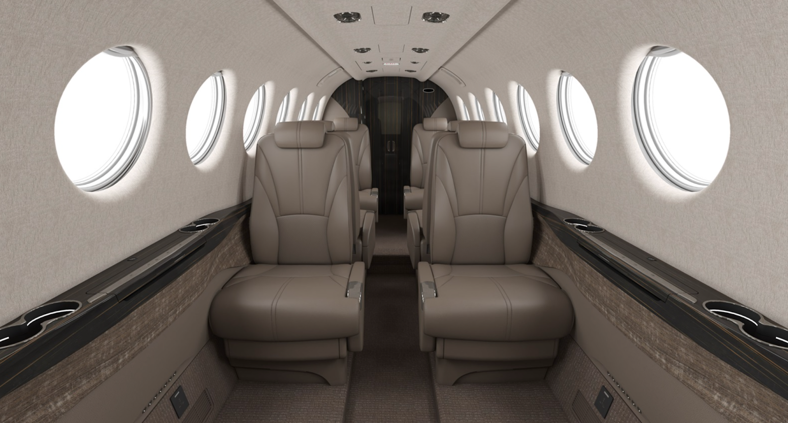 The interior of a King Air aircraft.