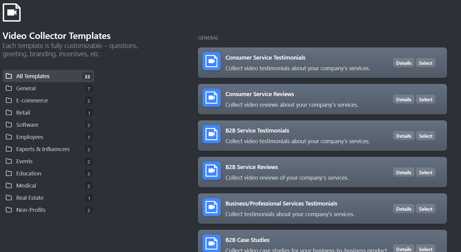 Vocal Video has 33 video collector templates to choose from.