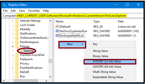 Do a right-click on the blank area and select New then  DWORD (32-bit) Value