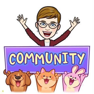 Bitmoji of Dr. S with a sign that says COMMUNITY being held up by cute fuzzy creatures!
