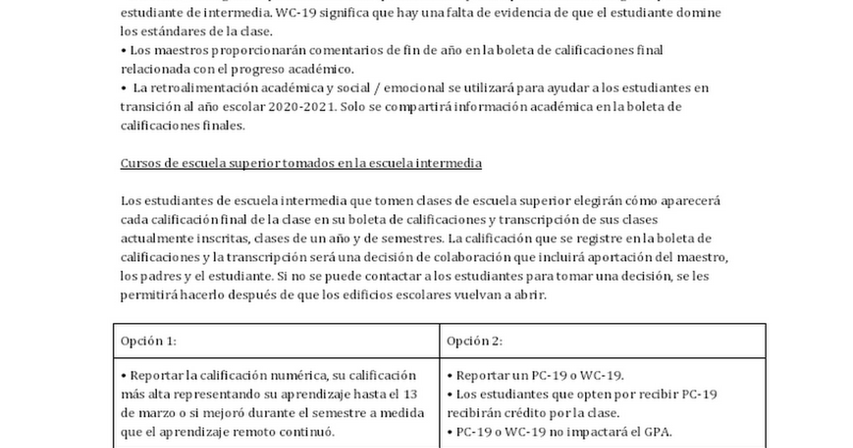 COVID-19 NHCS Middle School Final Grade Spanish Parent Letter