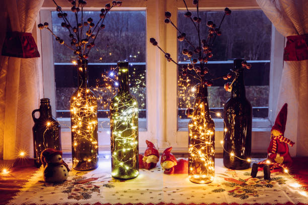 Bottles decorated with lights for Christmas 