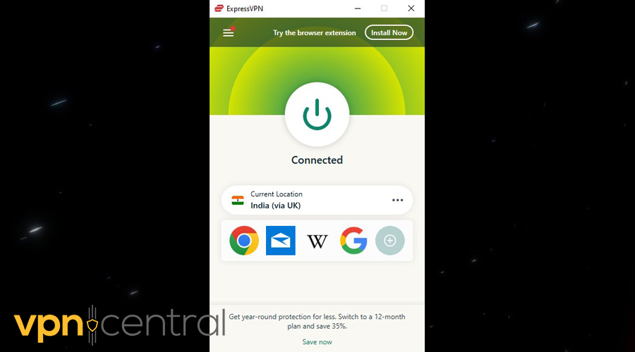 ExpressVPN connected to a server in India