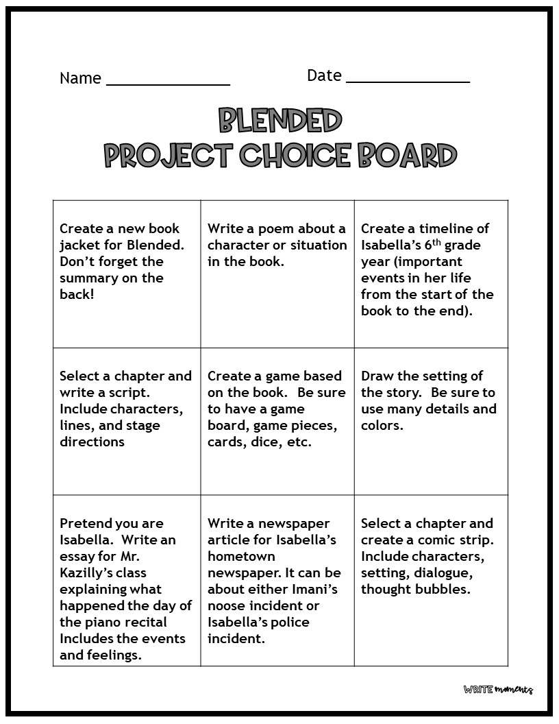 novel study project choice menu